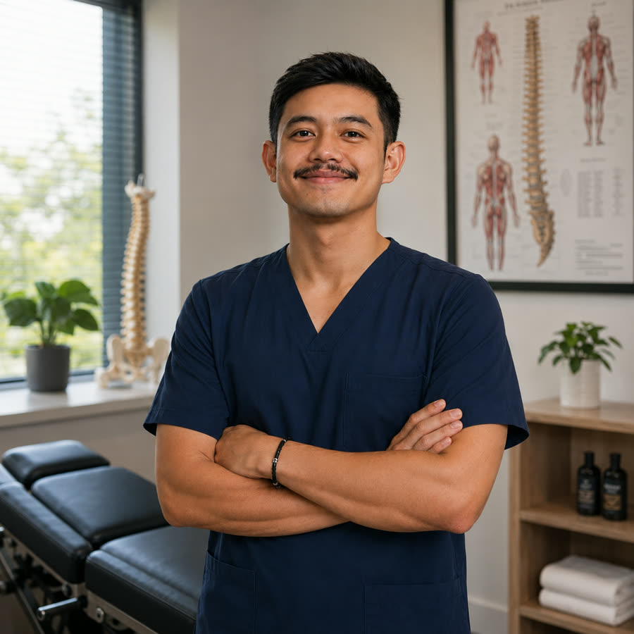 Utama Treatment's body alignment and recovery specialist, arms crossed, in a treatment room